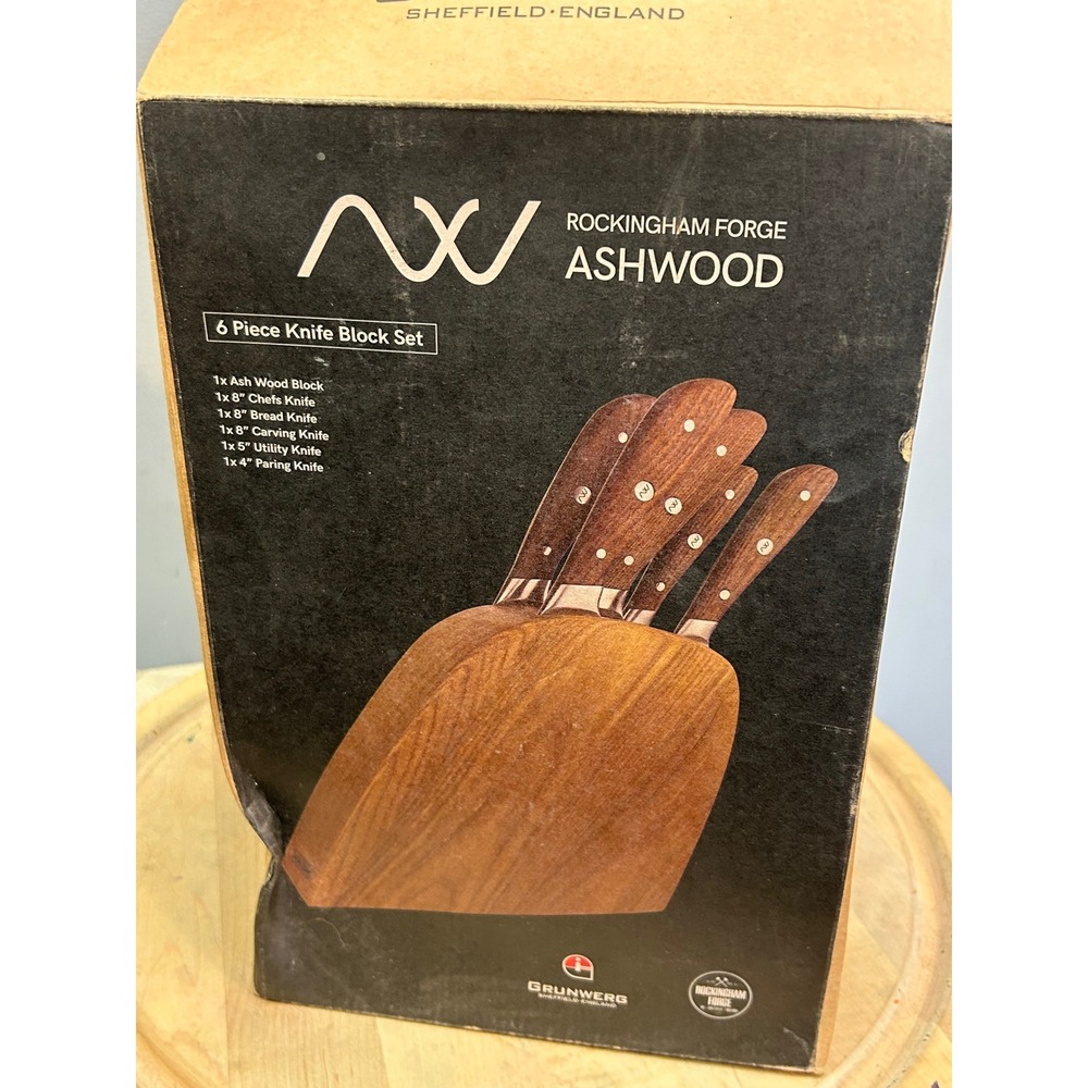 GRUNWERG Sheffield England‎ 6 Piece Knife Block Set Ashwood Handles